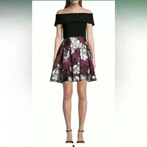 Betsy & Adam dress off the shoulder black floral wedding guest cocktail size 4